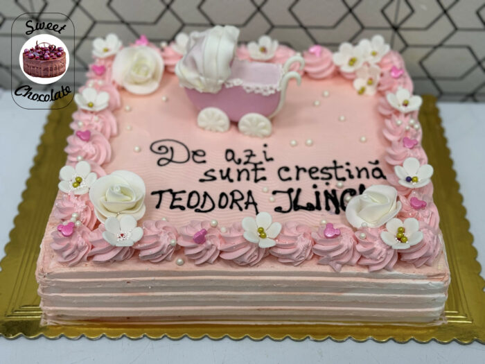 Tort Botez Fetite Carucior si Floricele Roz
